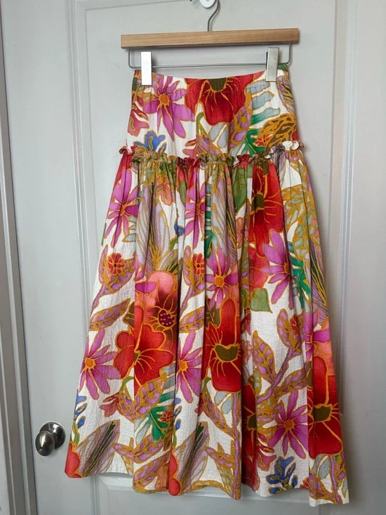 Mara Hoffman Bettina Floral Organic Cotton DropWaist Ruffle Maxi Luxury Skirt,XS - Picture 7 of 15